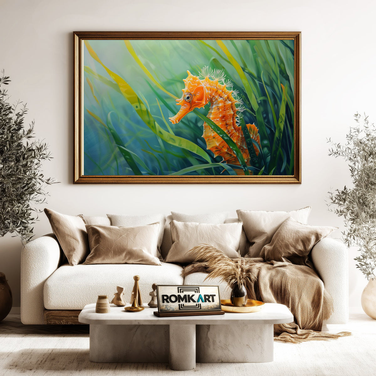 Orange Seahorse in Green Sea Grass Marine Life Oil Painting - image 5