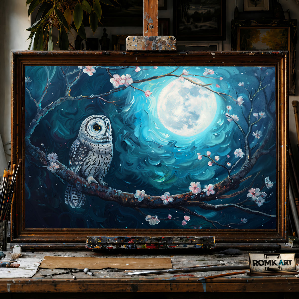 Owl and Full Moon Blue Light hand-painted oil painting on canvas
