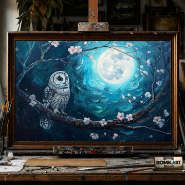Owl and Full Moon Blue Light hand-painted oil painting on canvas