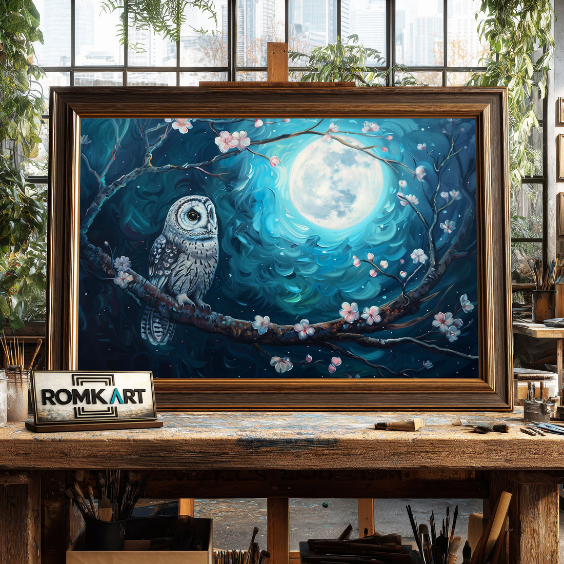 Owl and Full Moon Blue Light hand-painted oil painting on canvas