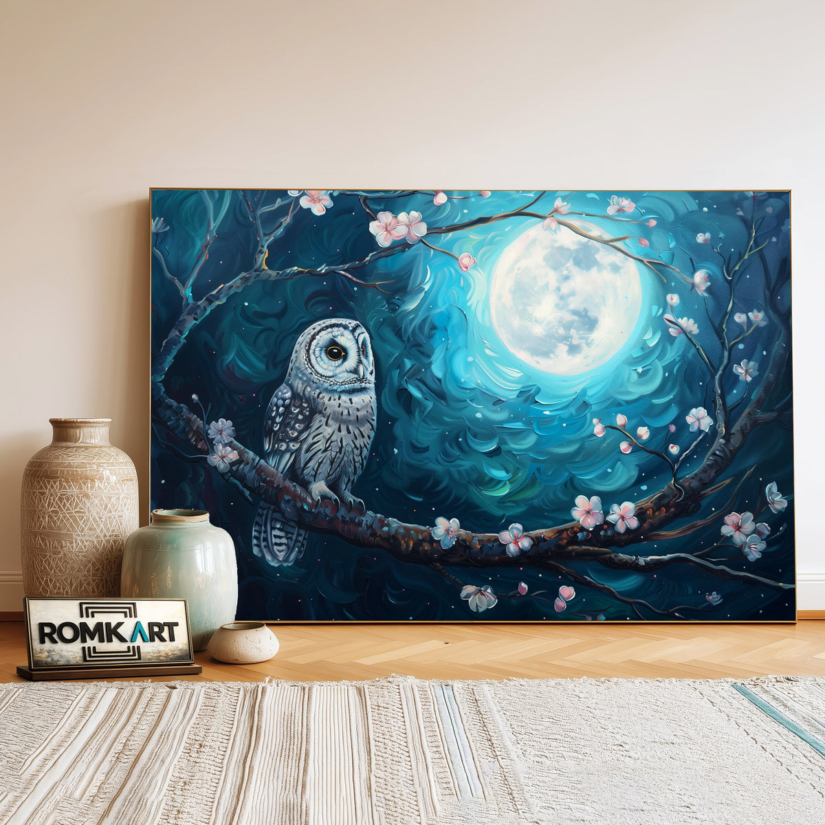 Owl and Full Moon Blue Light Bird Oil Painting - image 3
