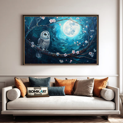 Owl and Full Moon Blue Light Bird Oil Painting - image 4