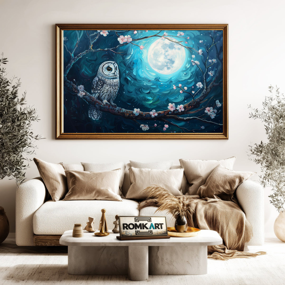 Owl and Full Moon Blue Light Bird Oil Painting - image 5