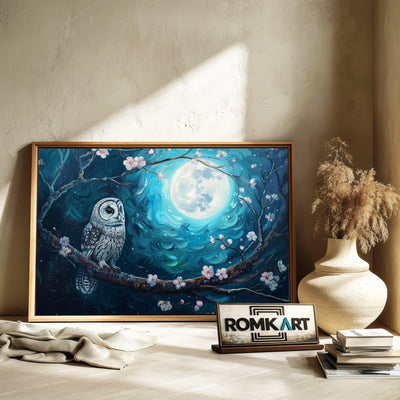 Owl and Full Moon Blue Light Bird Oil Painting - image 6