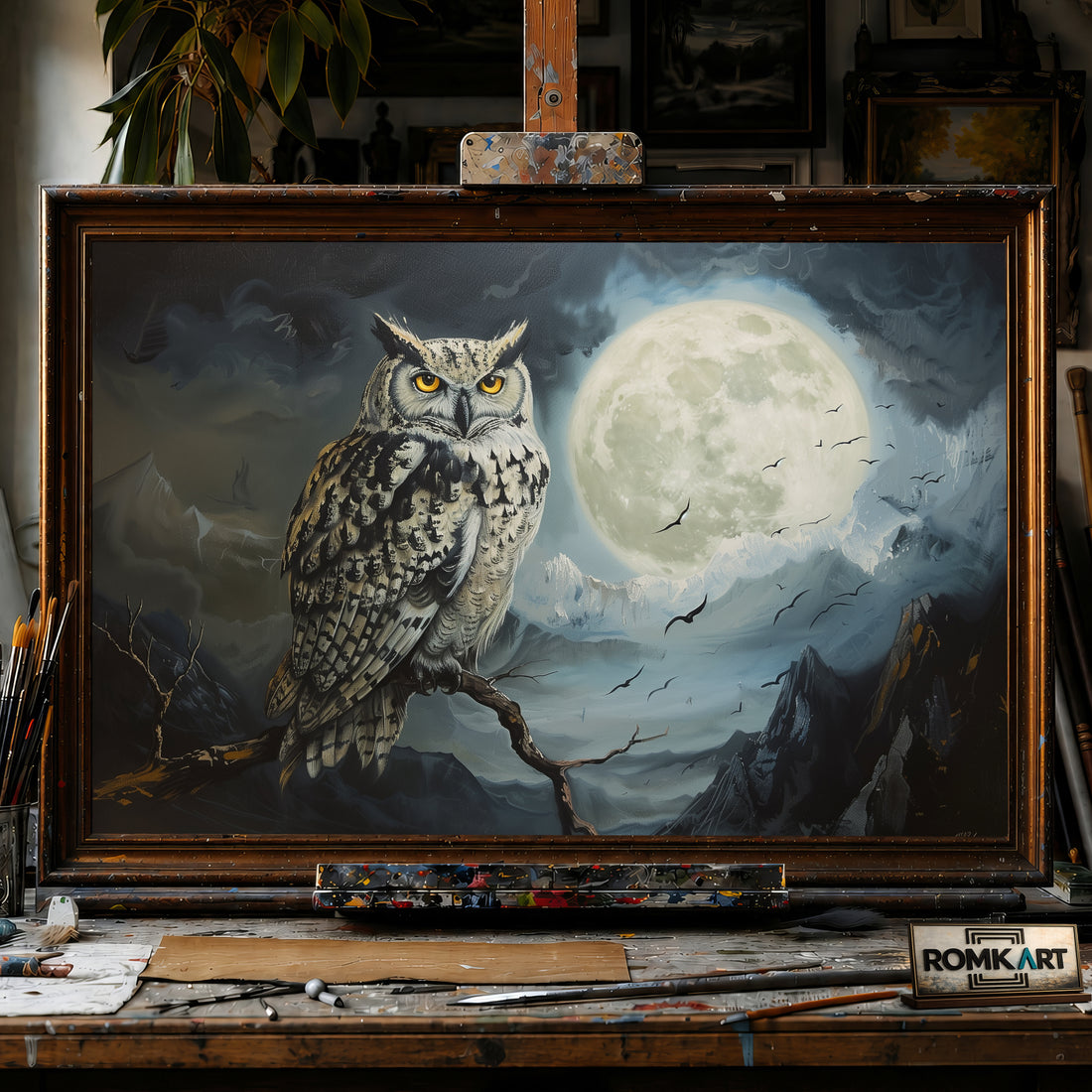 Owl and Nocturnal Moon Light hand-painted oil painting on canvas