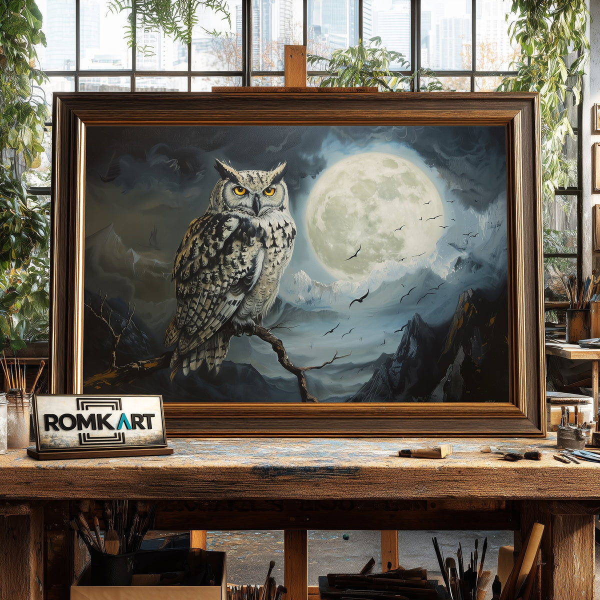 Owl and Nocturnal Moon Light Bird Oil Painting - image 2