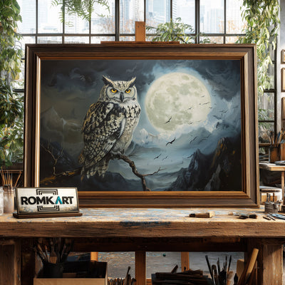 Owl and Nocturnal Moon Light Bird Oil Painting - image 2