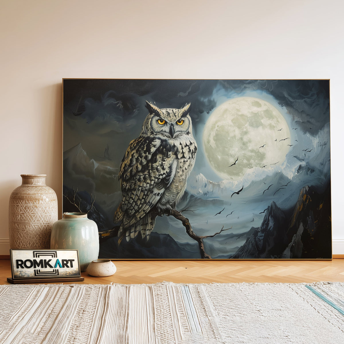 Owl and Nocturnal Moon Light Bird Oil Painting - image 3