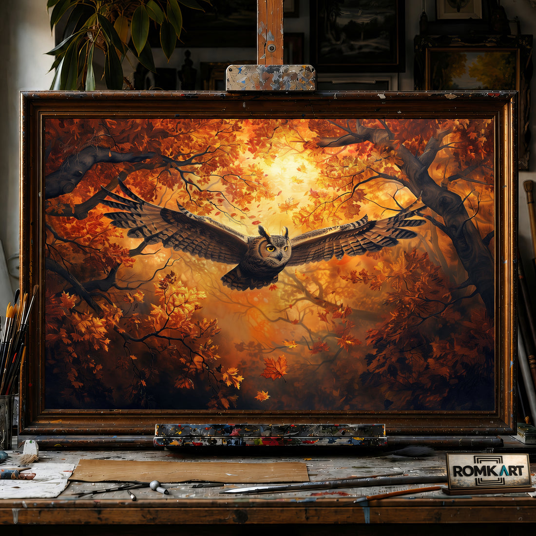 Owl in Autumn Tree hand-painted oil painting on canvas