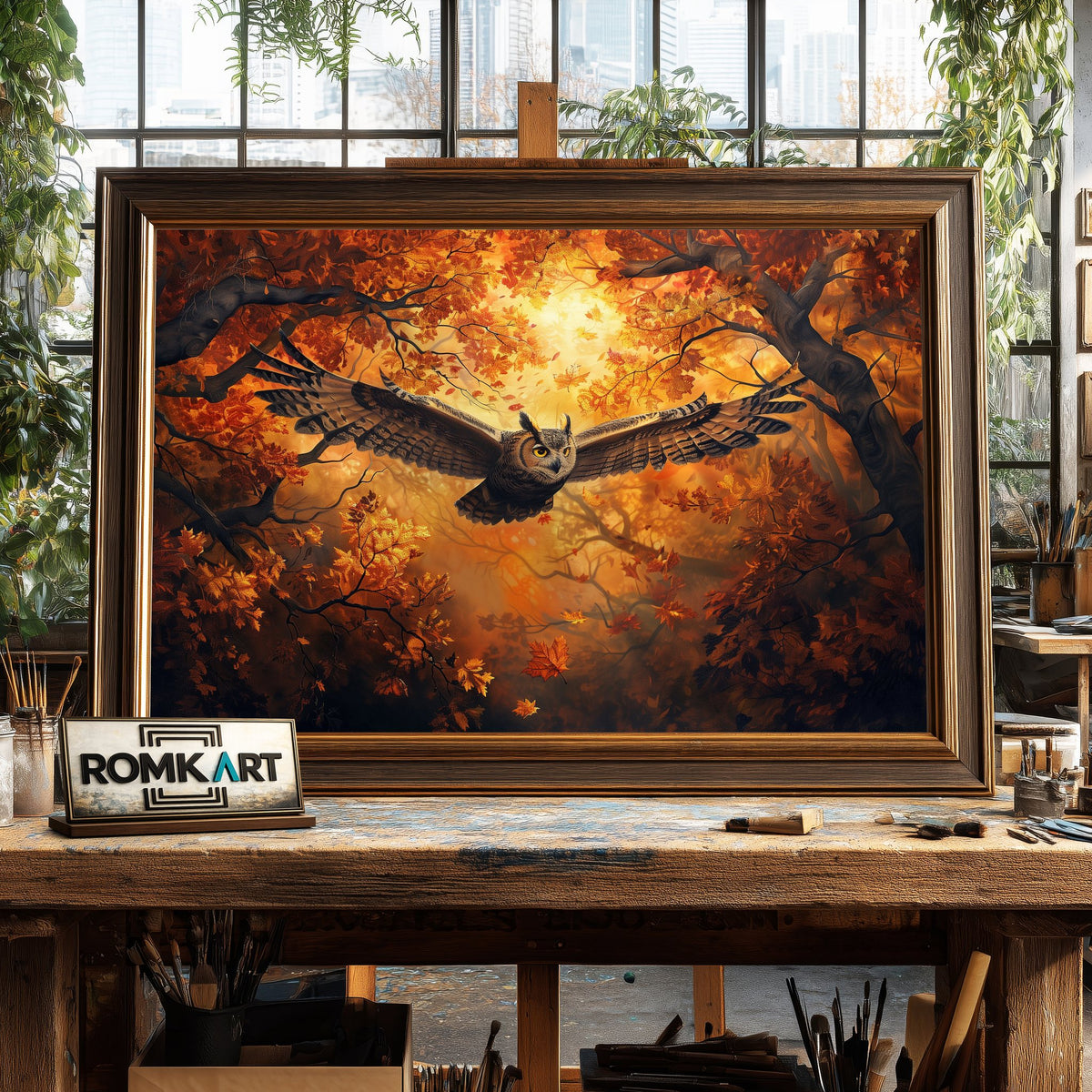 Owl in Autumn Tree Bird Oil Painting - image 2
