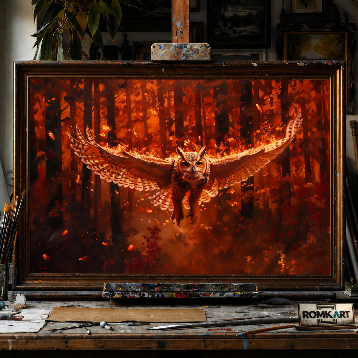 Owl on Fire hand-painted oil painting on canvas