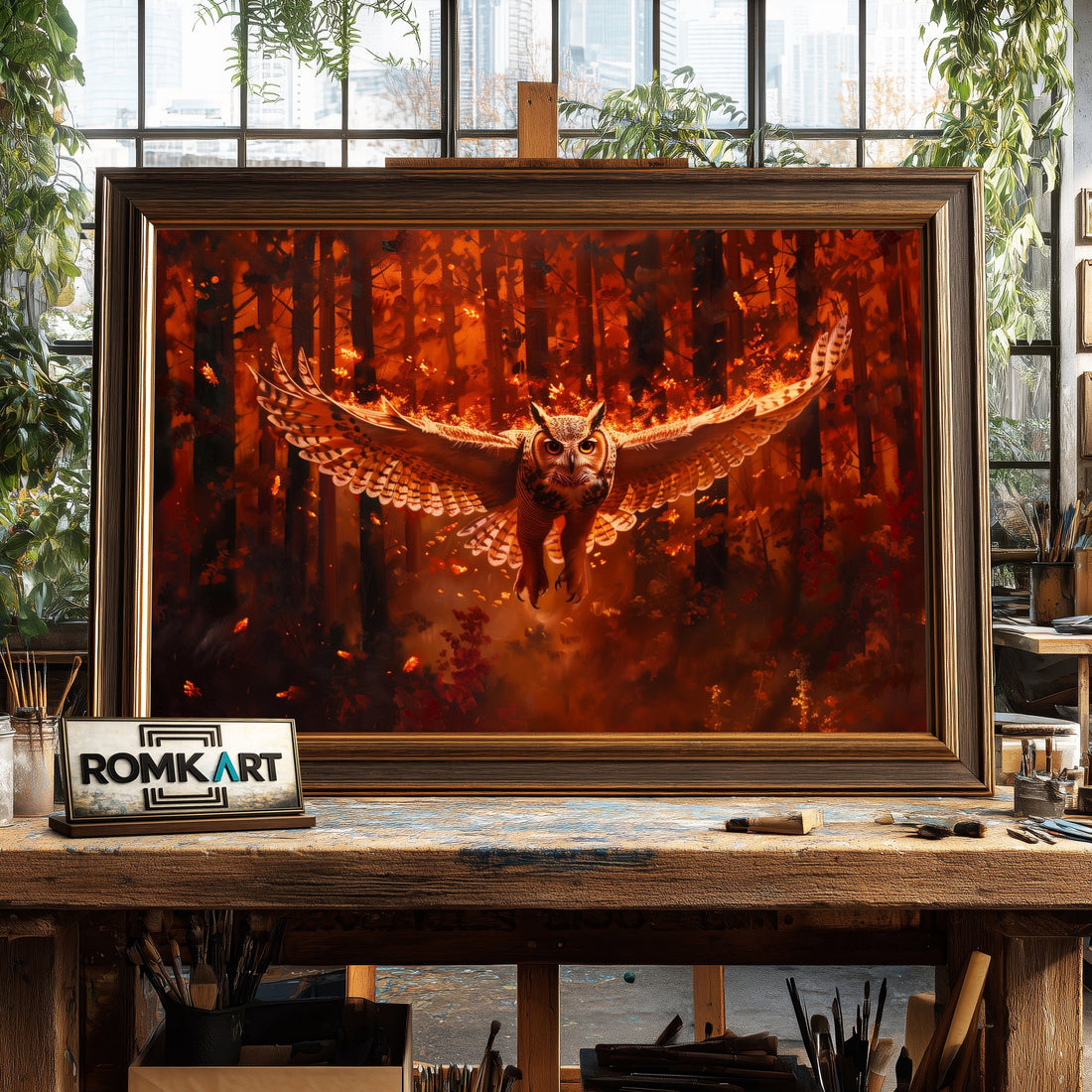Owl on Fire hand-painted oil painting on canvas