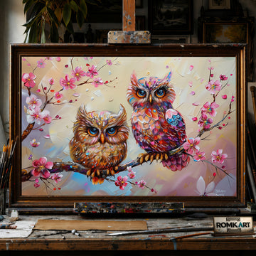 Owls and Cherry Blossom hand-painted oil painting on canvas