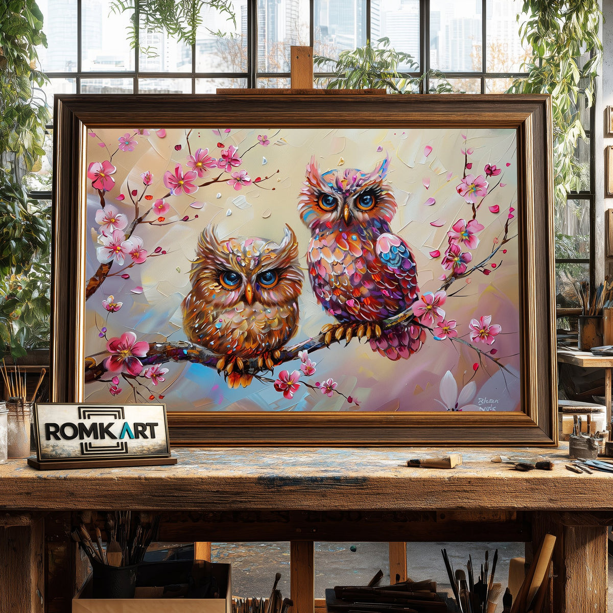 Owls and Cherry Blossom Floral Oil Painting - image 2