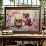 Owls and Cherry Blossom Floral Oil Painting - image 2