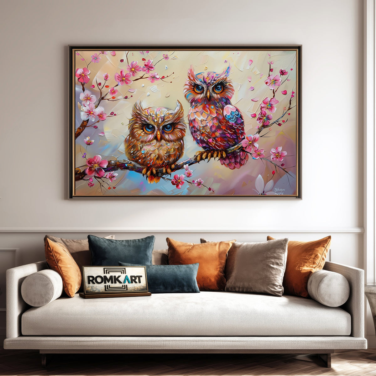 Owls and Cherry Blossom Floral Oil Painting - image 4