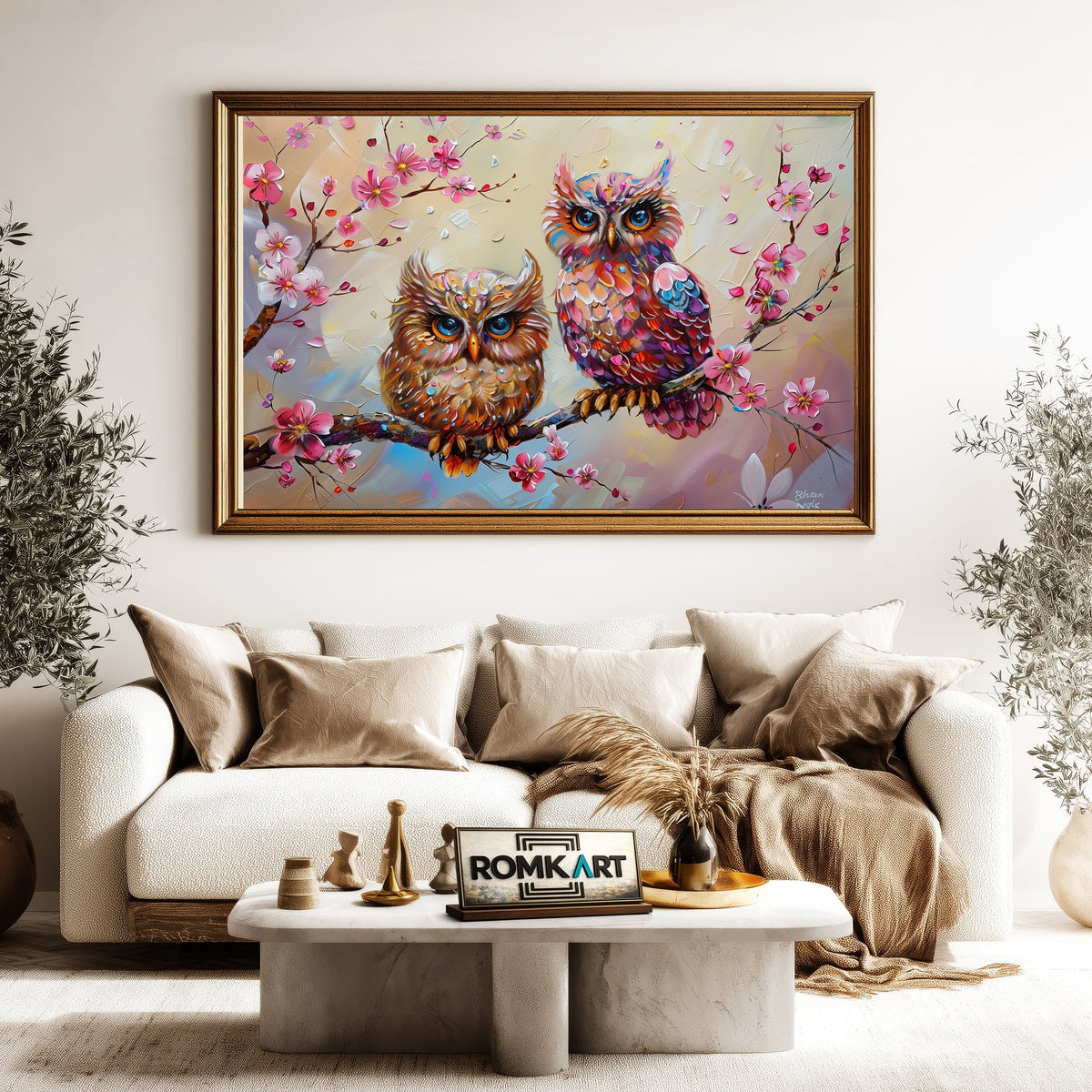 Owls and Cherry Blossom Floral Oil Painting - image 5