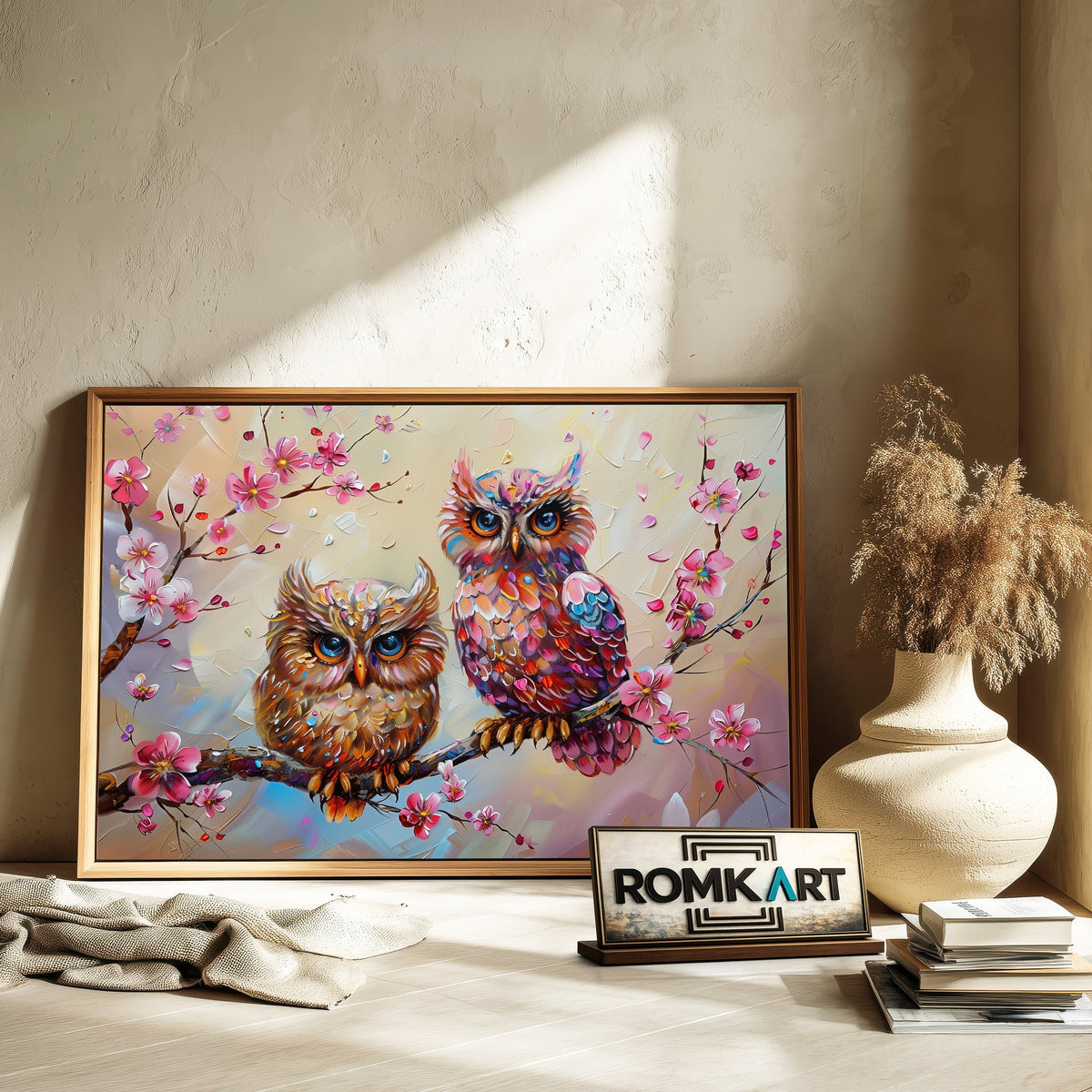 Owls and Cherry Blossom Floral Oil Painting - image 6