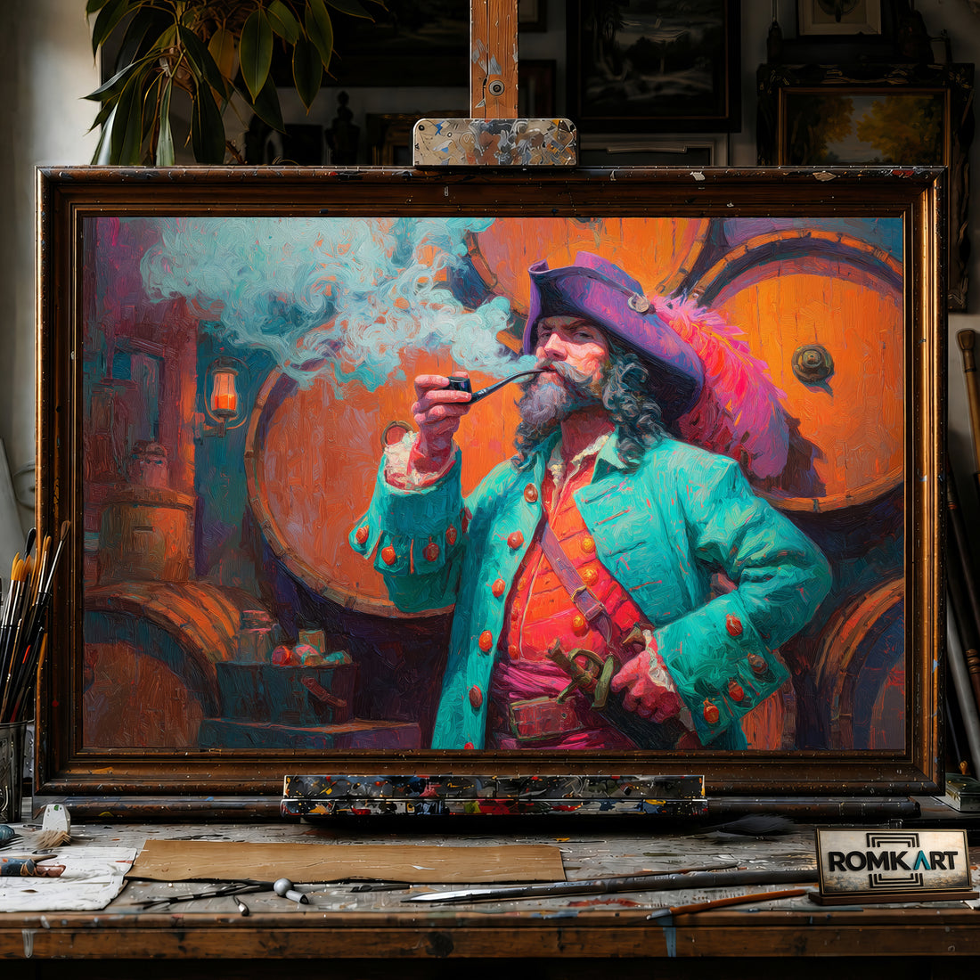 Pirate Captain and Smoke-topaz-upscale-2x hand-painted oil painting on canvas