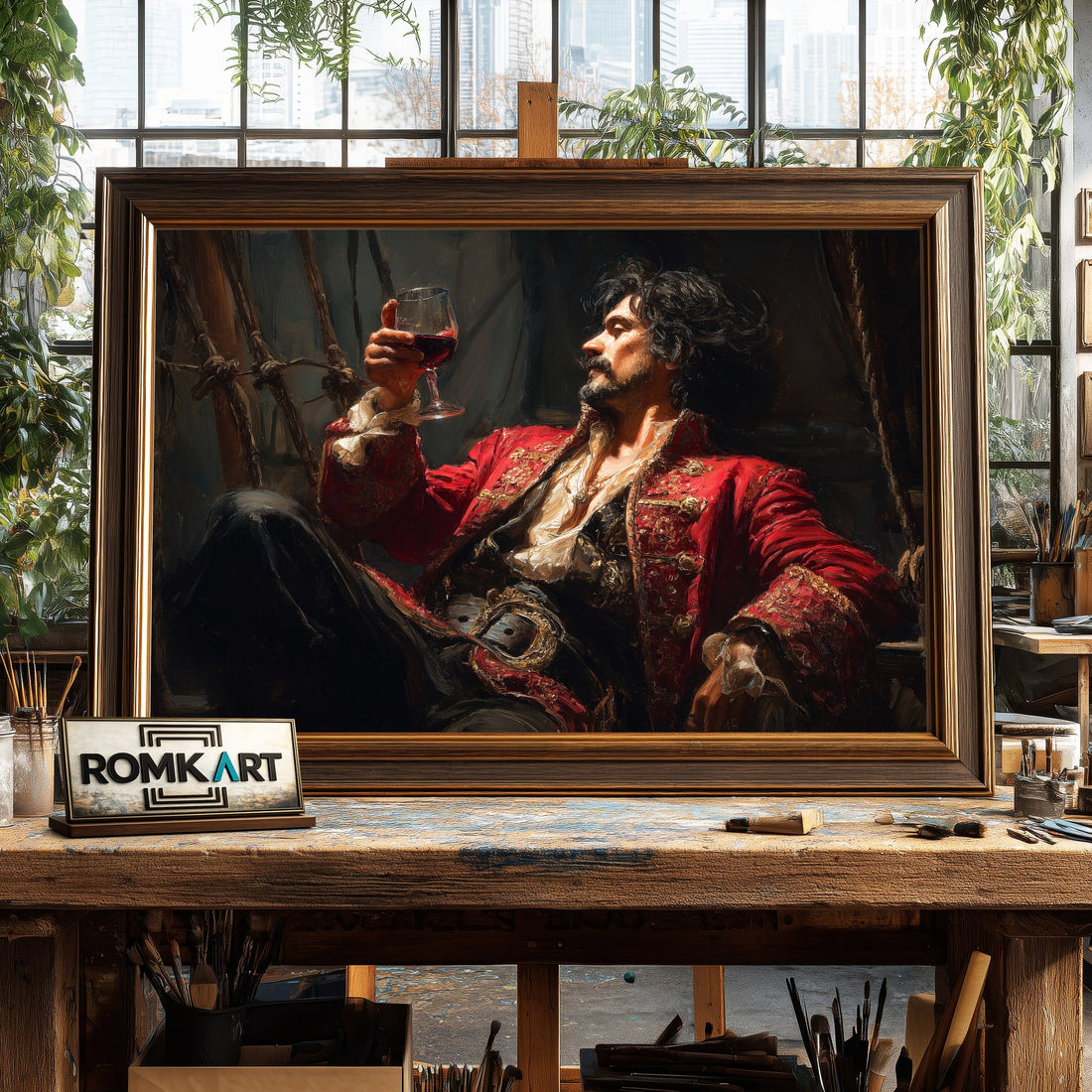 Pirate Captain Drink Wine hand-painted oil painting on canvas