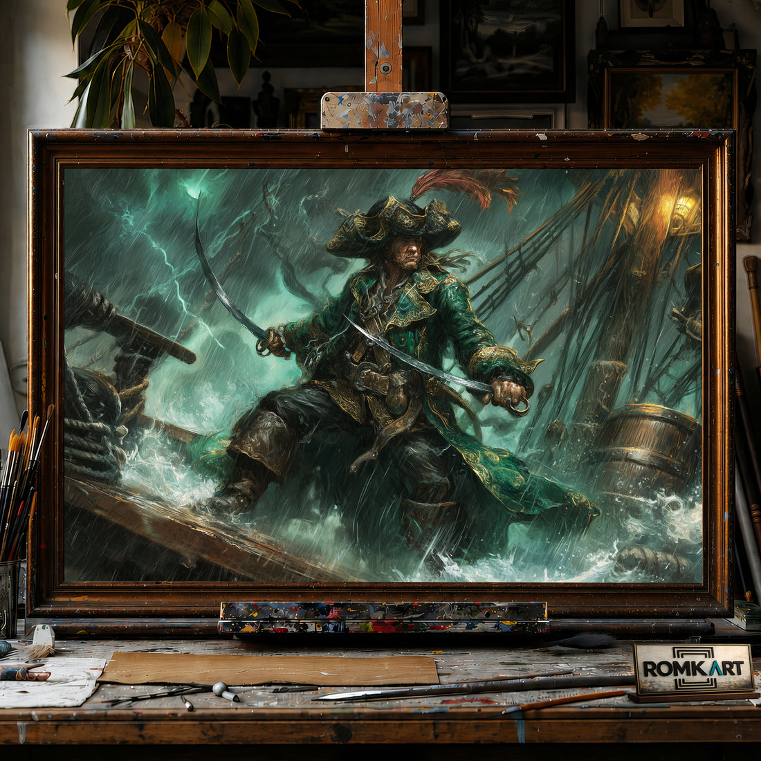 Pirate Captain in Stormy Sea hand-painted oil painting on canvas
