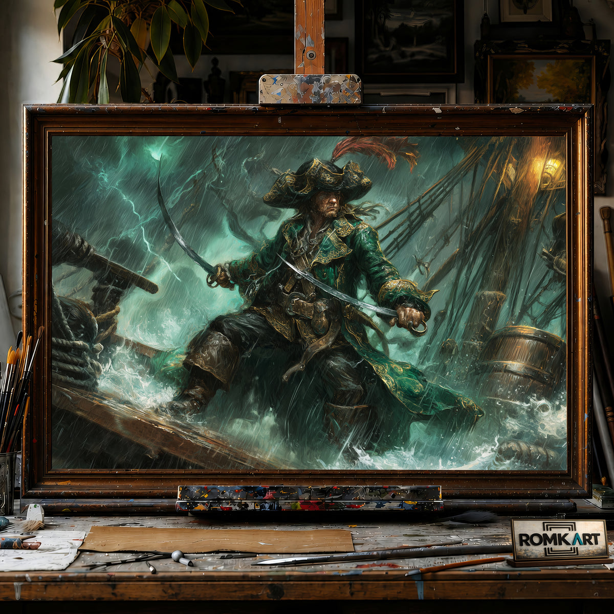 Pirate Captain in Stormy Sea hand-painted oil painting on canvas