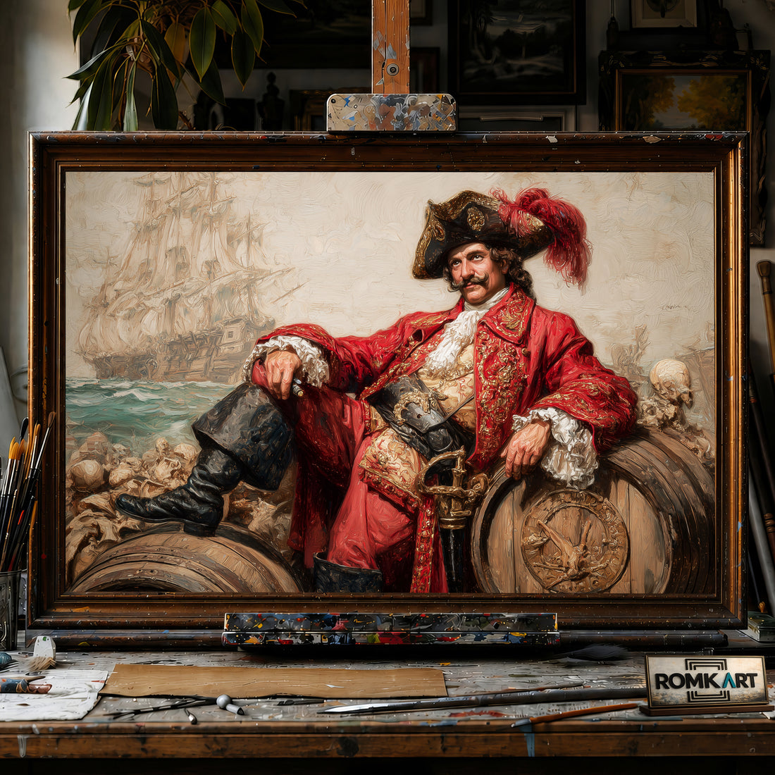 Pirate Captain on Barrel of Rum hand-painted oil painting on canvas