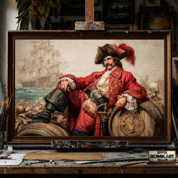 Pirate Captain on Barrel of Rum hand-painted oil painting on canvas