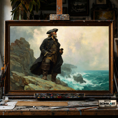 Pirate Captain on Windswept Cliff hand-painted oil painting on canvas