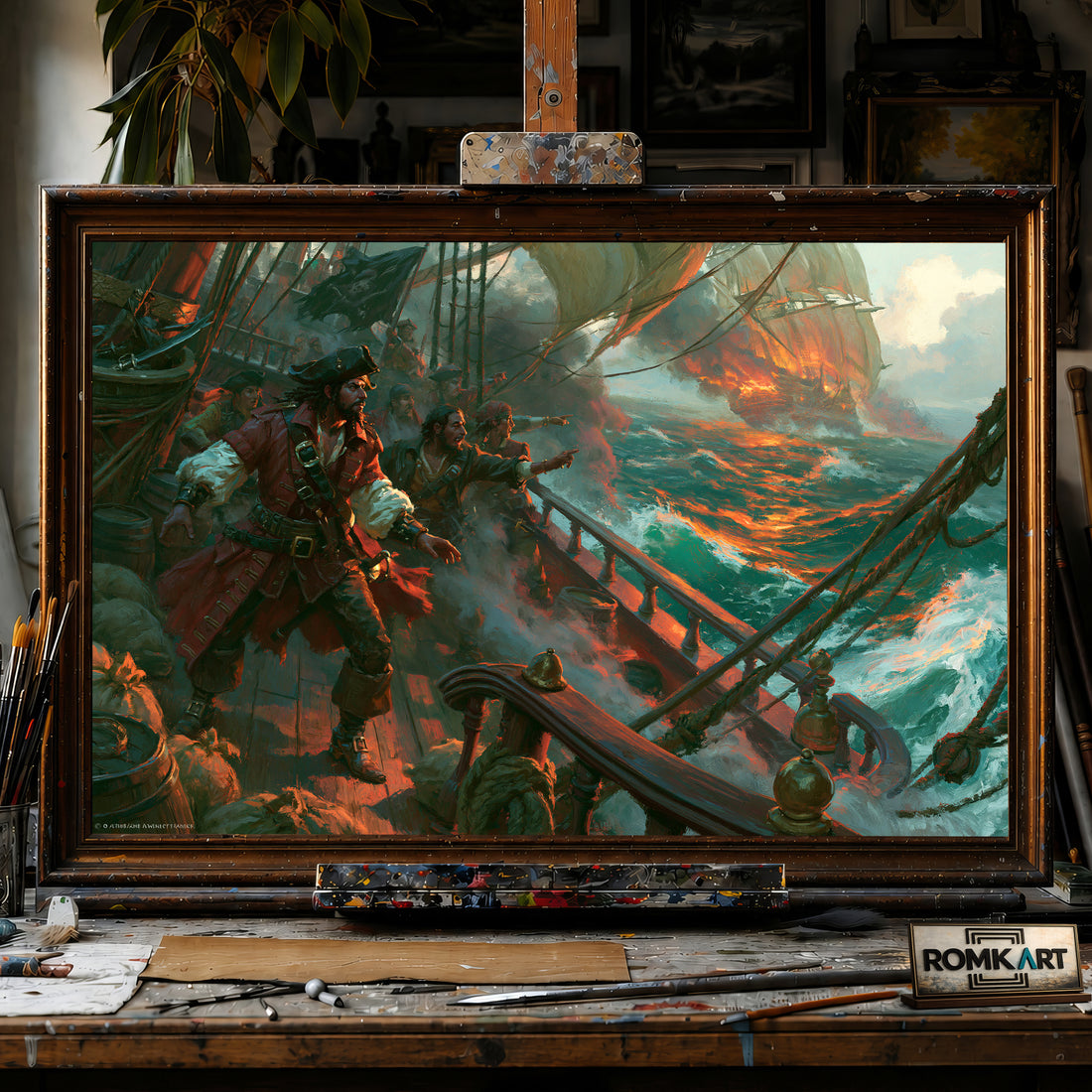 Pirate Ship Battle hand-painted oil painting on canvas