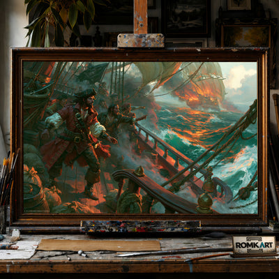 Pirate Ship Battle hand-painted oil painting on canvas