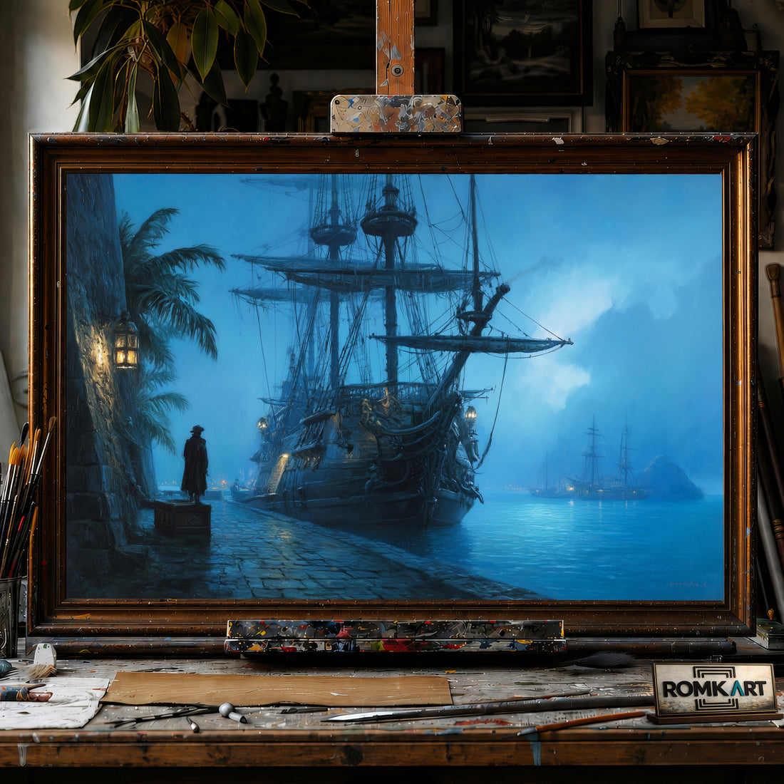 Pirate Ship Docked hand-painted oil painting on canvas