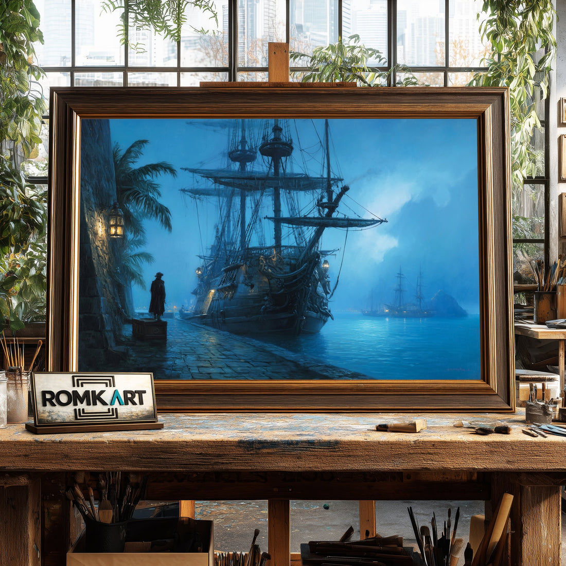 Pirate Ship Docked hand-painted oil painting on canvas