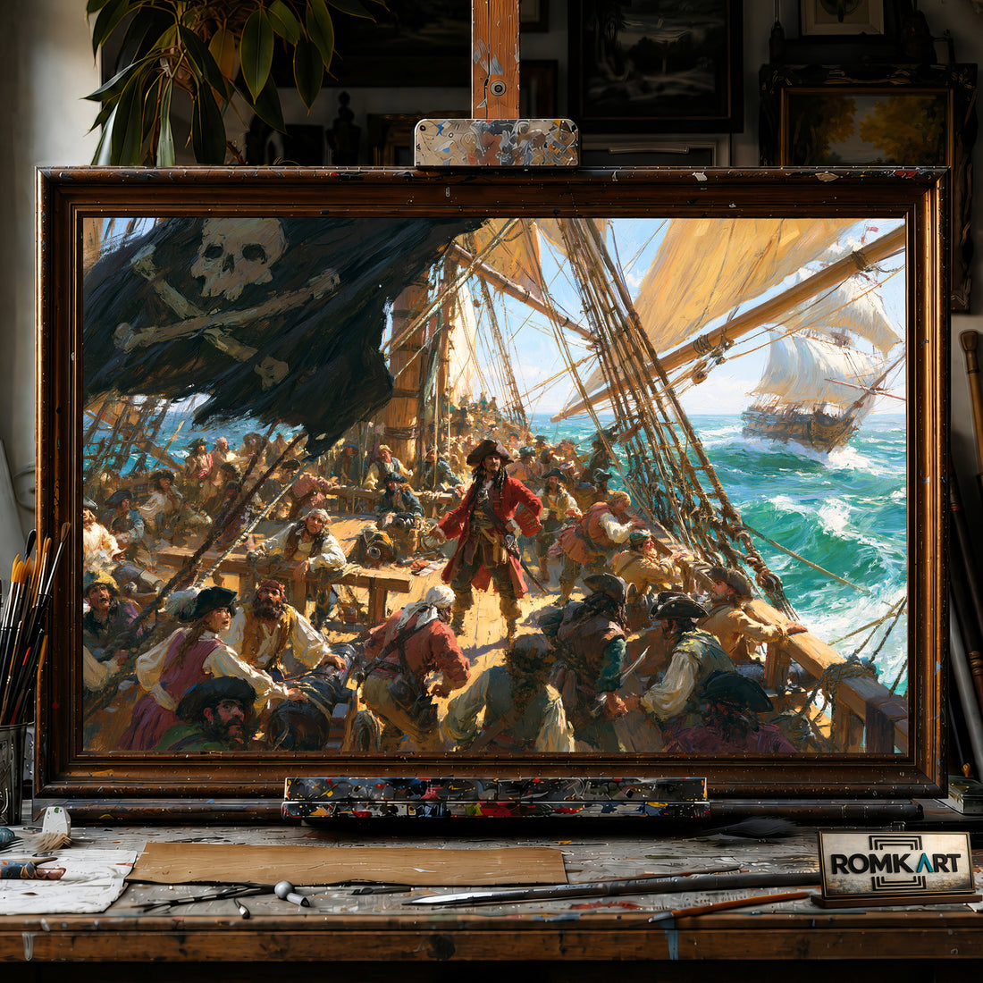 Pirate Ship in Battle hand-painted oil painting on canvas