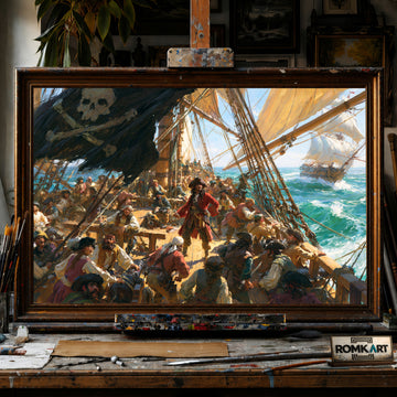 Pirate Ship in Battle hand-painted oil painting on canvas