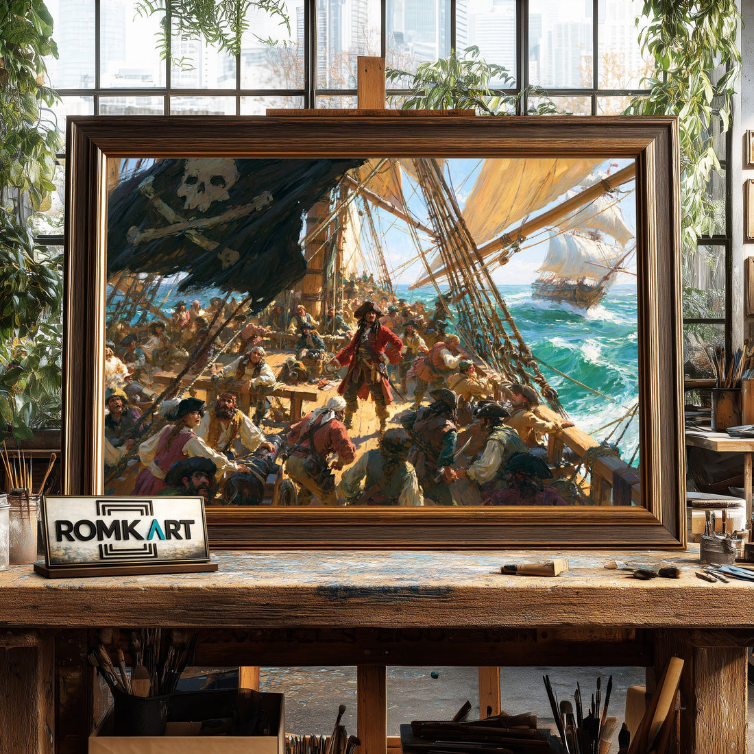 Pirate Ship in Battle hand-painted oil painting on canvas