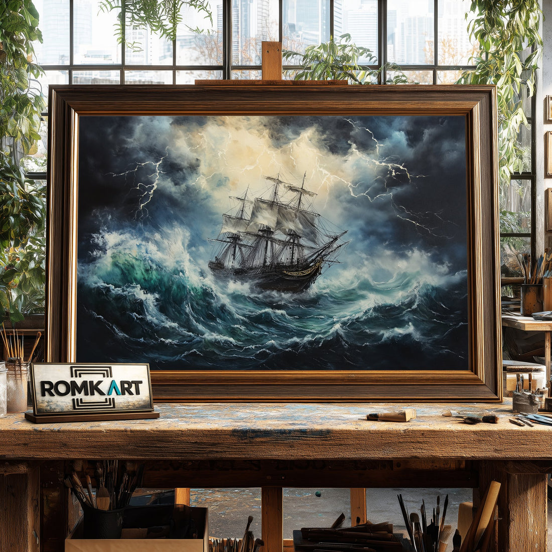 Pirate Ship in Lightning Storm hand-painted oil painting on canvas