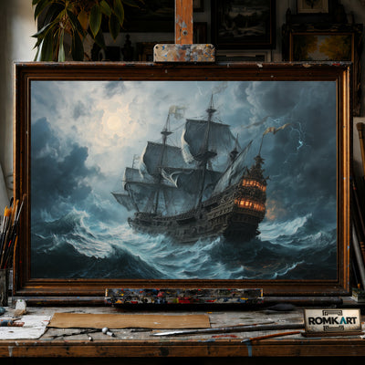Pirate Ship in Storm hand-painted oil painting on canvas