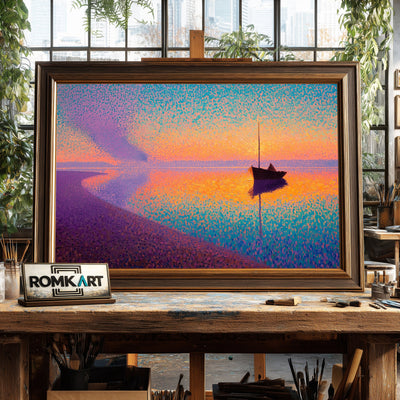 Pointillist Seashore at Sunset Landscape Oil Painting - image 2