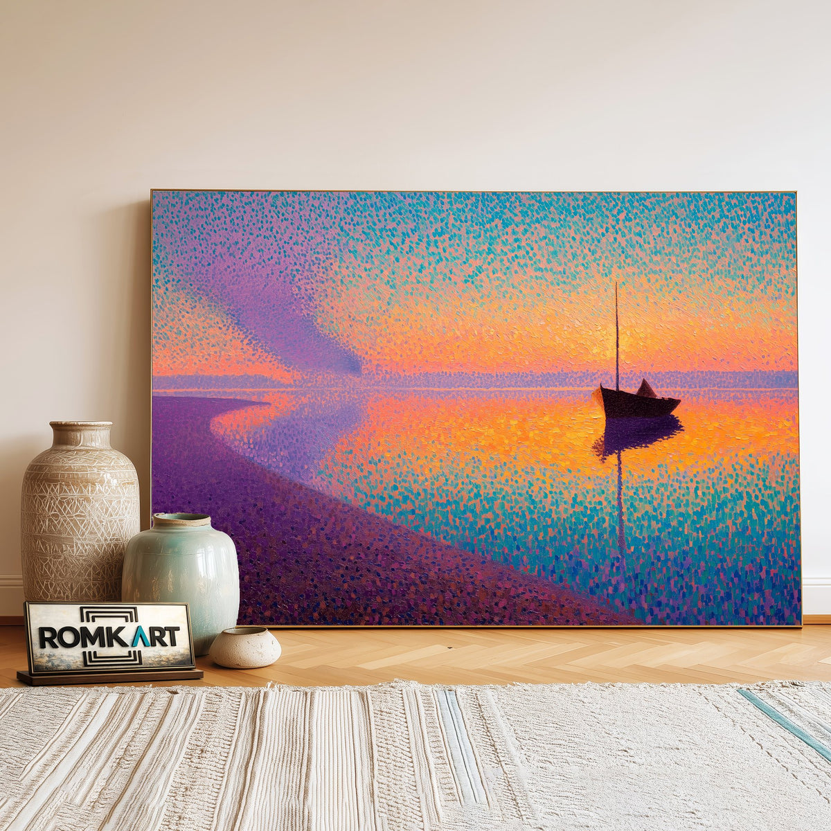 Pointillist Seashore at Sunset Landscape Oil Painting - image 3