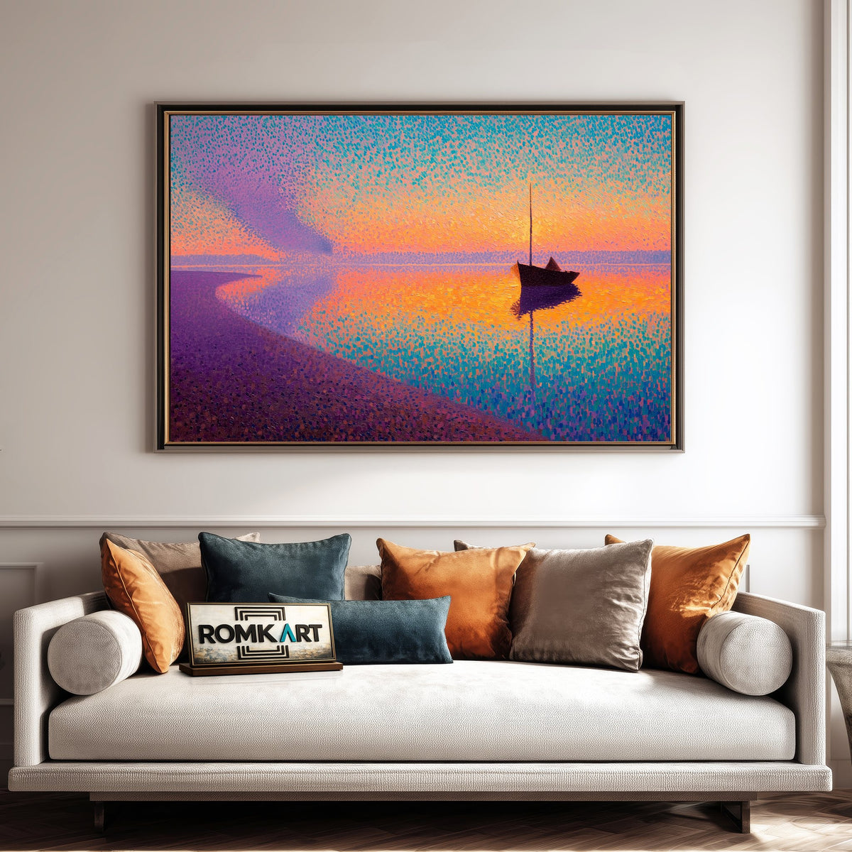 Pointillist Seashore at Sunset Landscape Oil Painting - image 4
