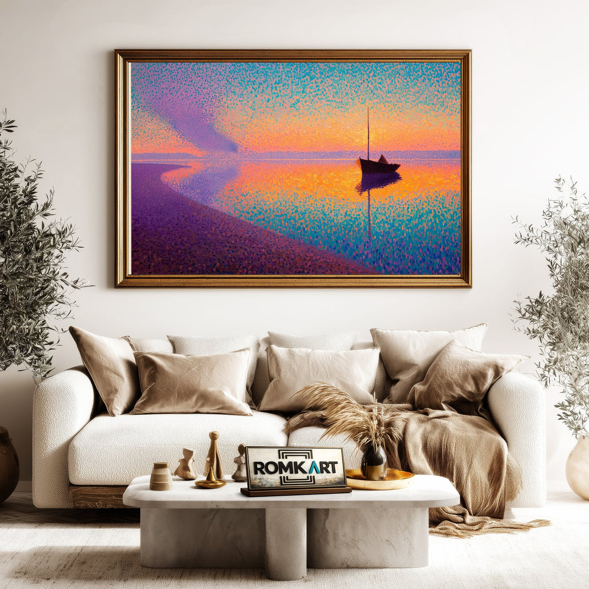Pointillist Seashore at Sunset Landscape Oil Painting - image 5