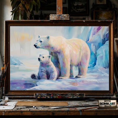 Polar Bear Mother and Cub hand-painted oil painting on canvas