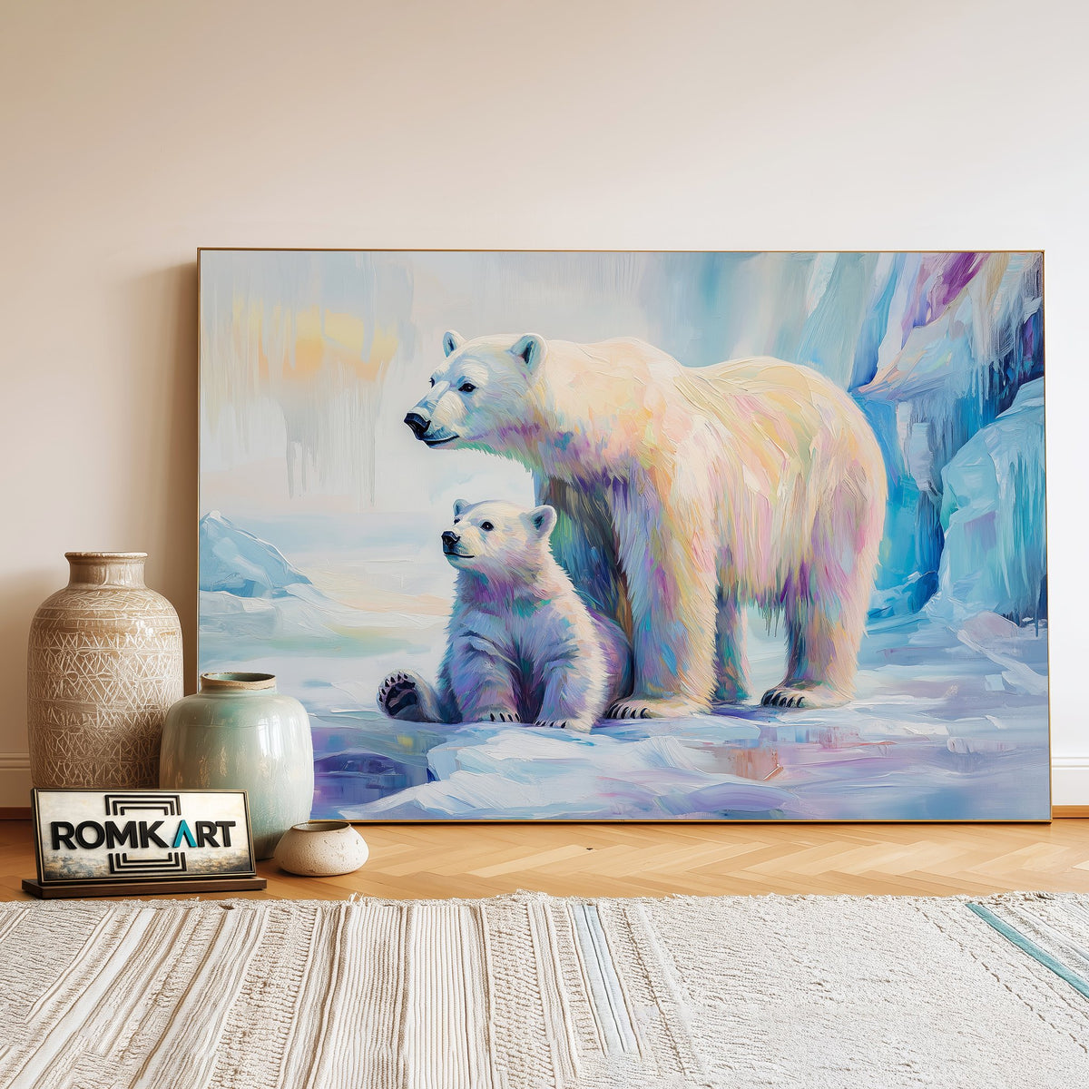 Polar Bear Mother and Cub Wildlife Oil Painting - image 3