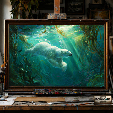 Polar Bear Swimming Underwater hand-painted oil painting on canvas