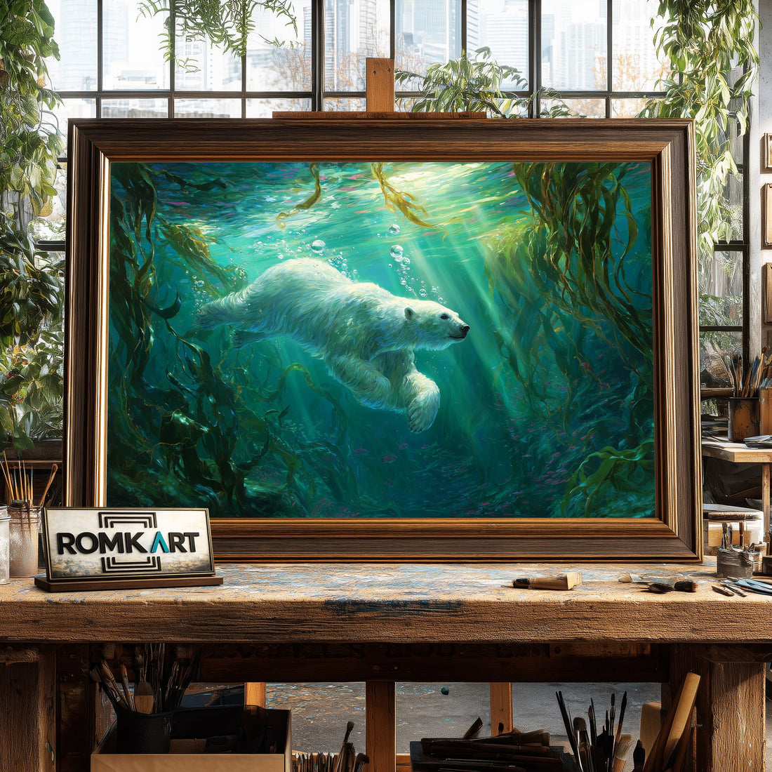 Polar Bear Swimming Underwater hand-painted oil painting on canvas