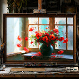 poppies by the window - Hand-Painted Oil Painting - View 1