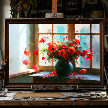 poppies by the window - Hand-Painted Oil Painting - View 1