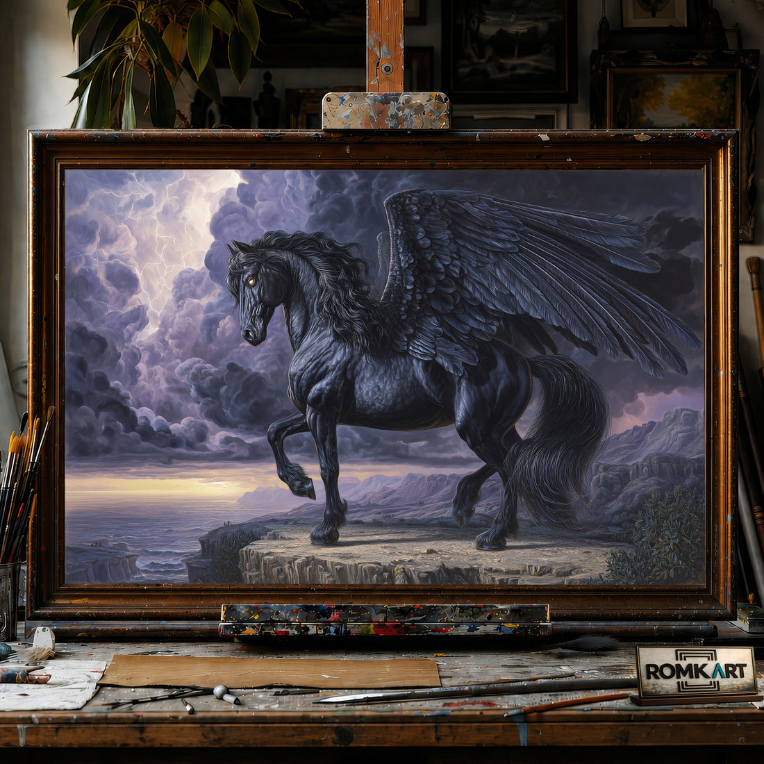 Powerful Black Pegasus hand-painted oil painting on canvas