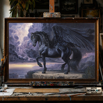 Powerful Black Pegasus hand-painted oil painting on canvas